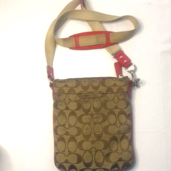 Coach Legacy Signature Swingpack messenger bag adjustable strap brown & Red - Picture 3 of 15